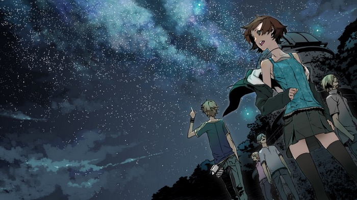 Group of people under a starry night sky near an observatory