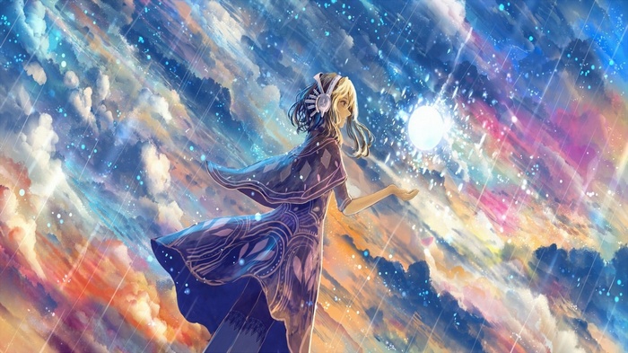 Anime girl with headphones in a colorful sky