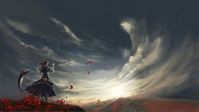 Onozuka Komachi with a scythe in a field at sunrise