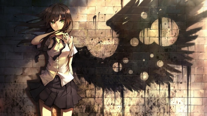 Anime girl with wings leaning against a brick wall