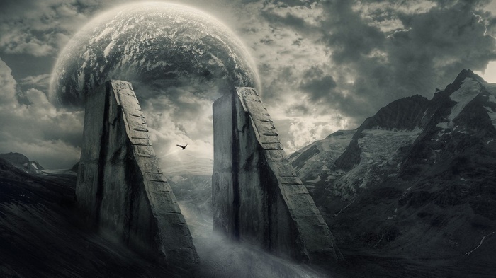 Digital artwork of a planet over a mountain landscape