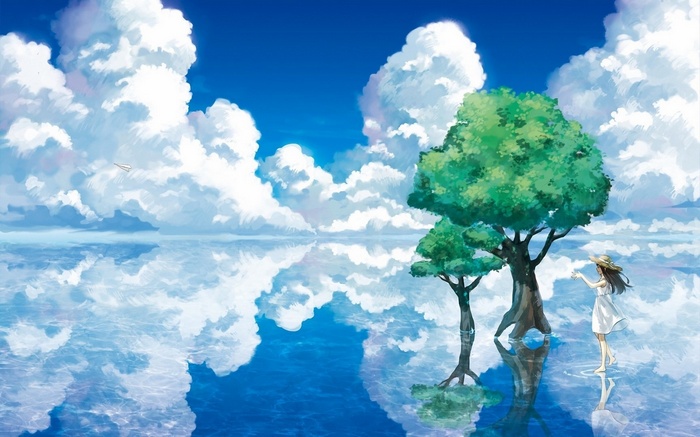 Anime girl by trees reflected in the sea under clouds