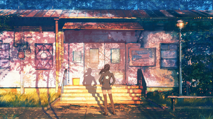 Anime girl standing in front of a building with sunlight