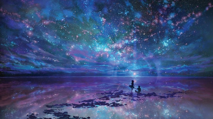 Anime couple under a starry sky reflected on water