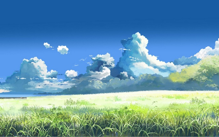 Anime landscape with clouds over a grassy field
