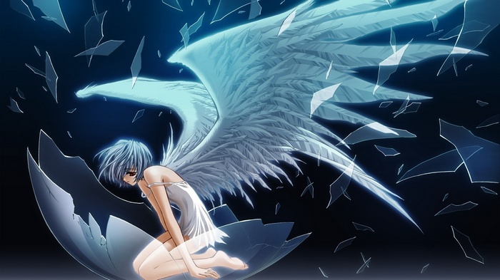 Ayanami Rei with broken wings and shards