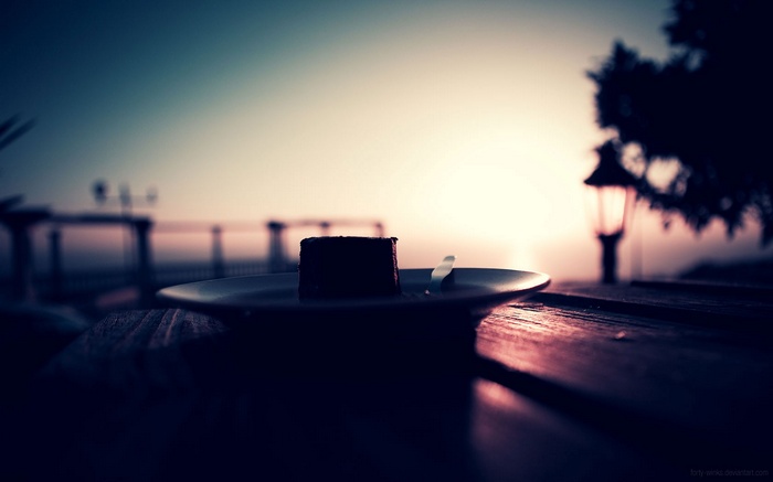 Chocolate cake on a plate at sunset