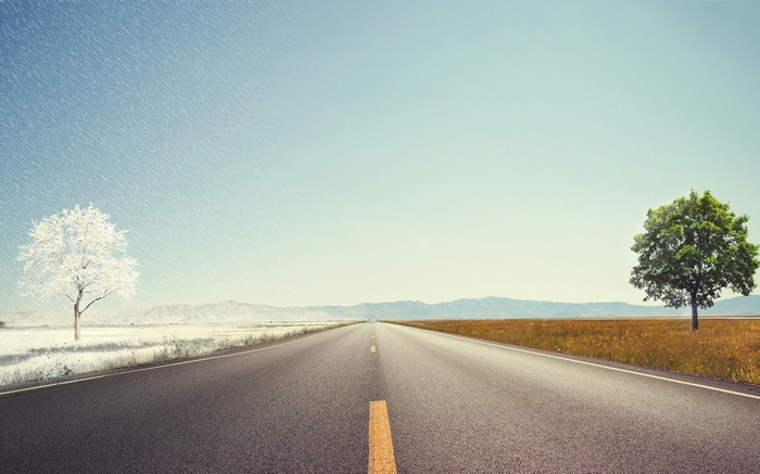 Road dividing winter and summer seasons