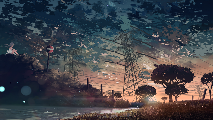 Anime girl sitting by power lines at sunset