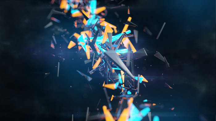 Abstract shattered digital art with orange and blue shapes