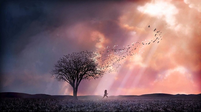Digital art of birds flying from a tree with a girl running