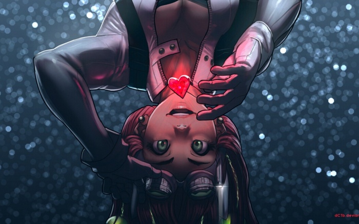 Anime girl with red hair and green eyes holding a heart