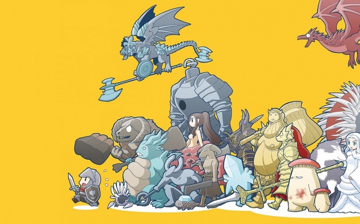 Dark Souls characters and creatures on a yellow background