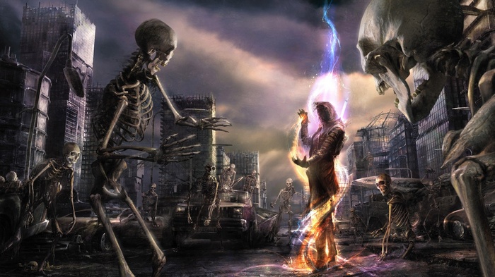 Skeletons and a sorcerer in a ruined city