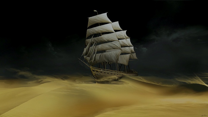 A sailing ship stranded in a desert