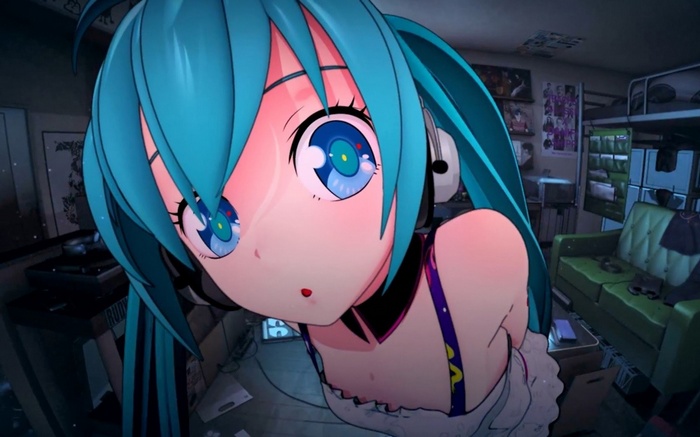 Hatsune Miku with blue hair and headphones