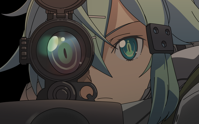 Asada Shino aims a sniper rifle in Sword Art Online