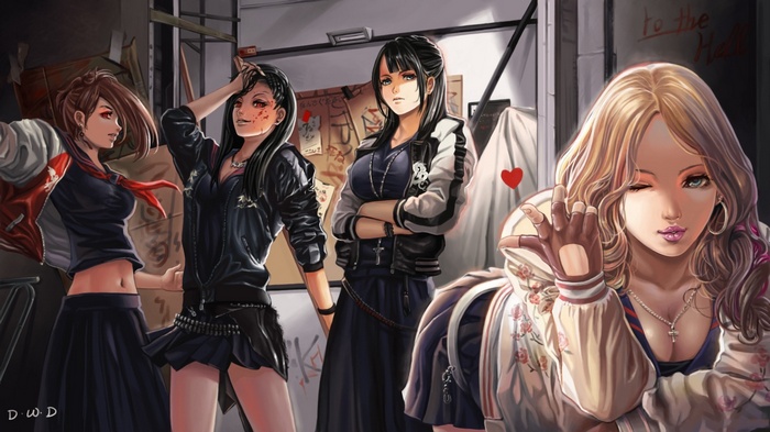 Anime girls in school uniforms and jackets