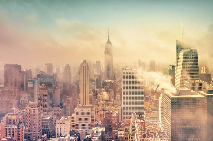New York City skyline with Empire State Building in fog