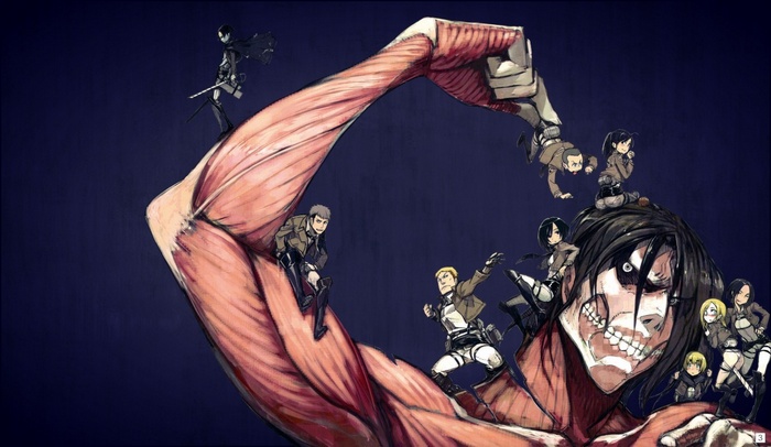 Attack on Titan characters on a colossal titan