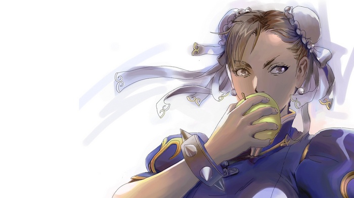 Chun-Li from Street Fighter eating an apple