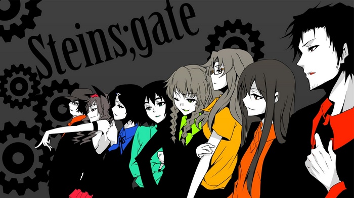 Steins;Gate characters lineup with gears background