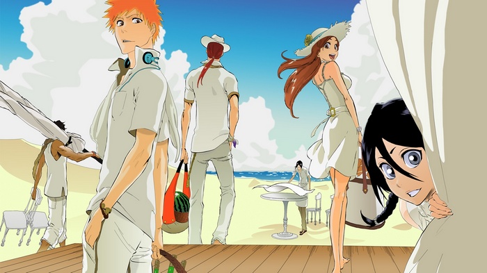 Bleach characters on a beach with Kuchiki Rukia peeking
