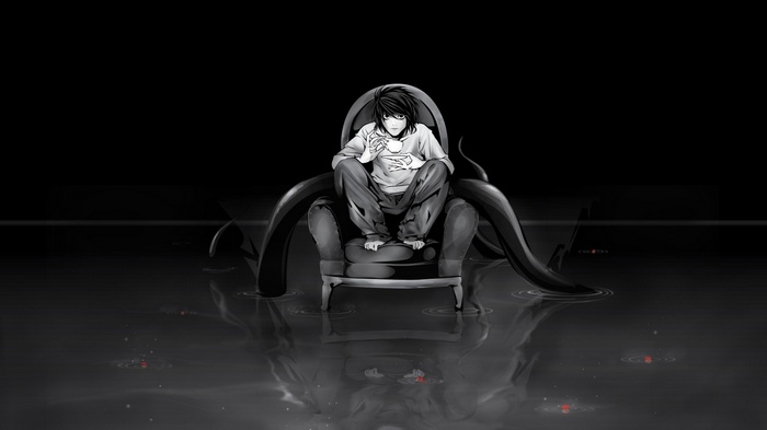 L from Death Note sitting in a chair