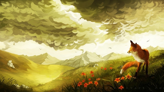 Artwork of a fox in a grassy landscape with mountains
