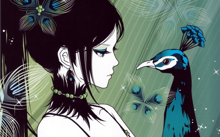 Anime girl with a peacock