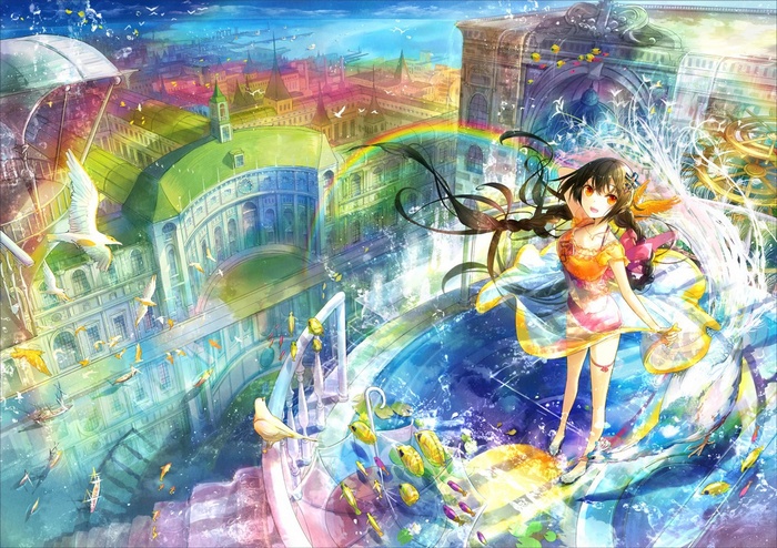 Anime girl with flowing dress in a colorful city