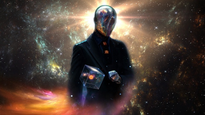 Figure in a suit holding a cube of the universe