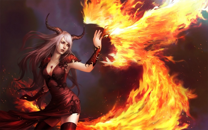 Demoness with horns conjuring fire from her hand