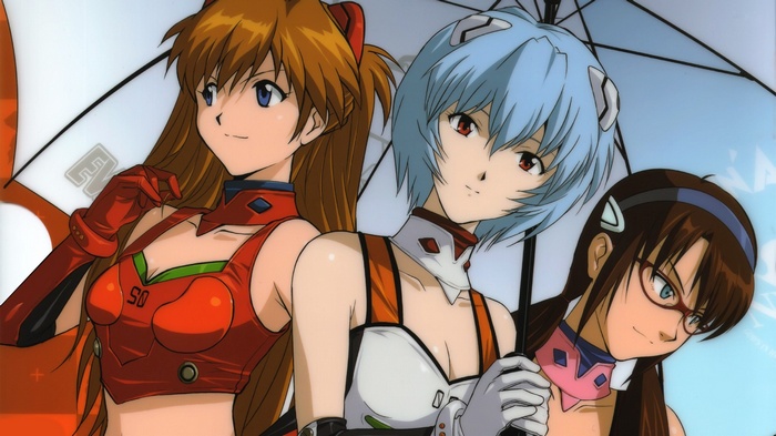 Asuka, Rei, and Mari from Neon Genesis Evangelion with umbrella