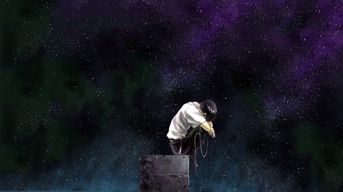Shinji Ikari sitting on a block under the stars