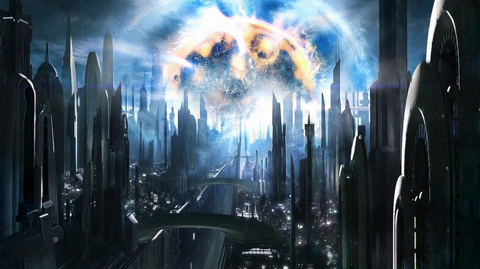 Futuristic city with a celestial explosion in the sky