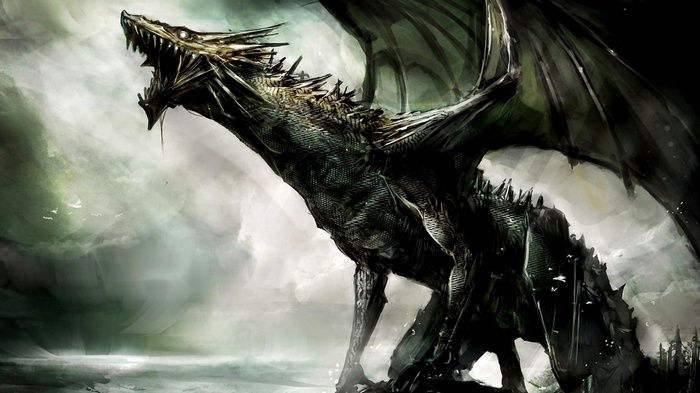 Dark fantasy artwork of a fearsome dragon