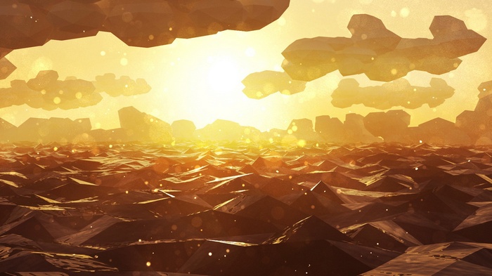 Low poly fantasy landscape with orange clouds and sun