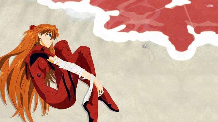 Asuka Langley Soryu in a red plugsuit by the sea