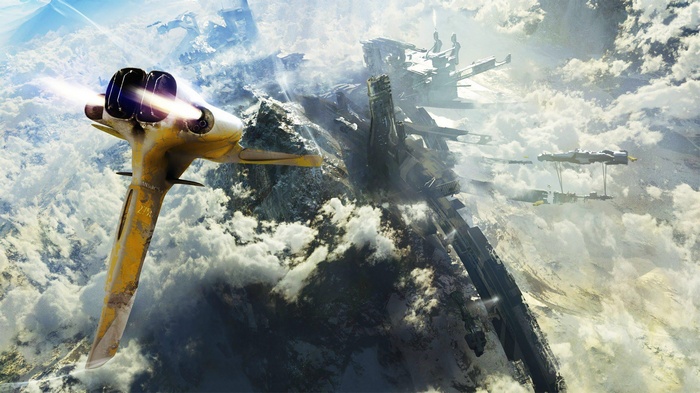 Spaceship flying over a futuristic city in the clouds