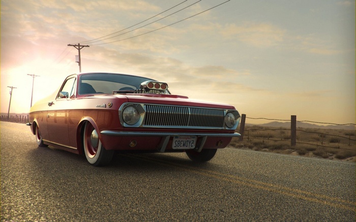Red hot rod car on a desert road
