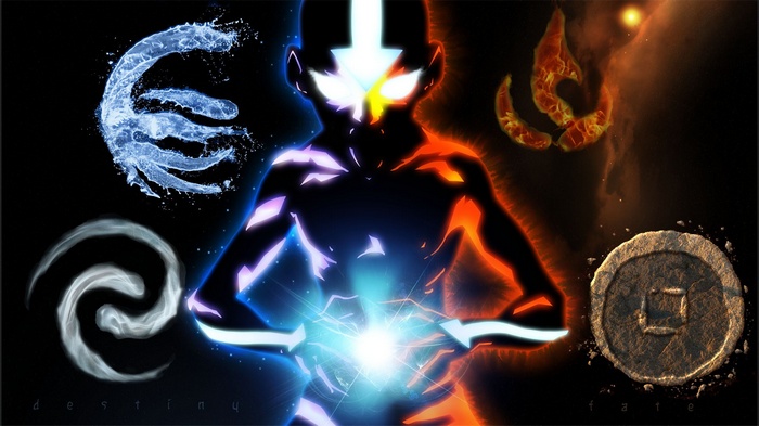 Aang in Avatar State with Elemental Symbols