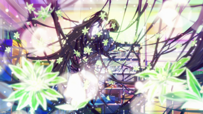 Hyouka anime characters embracing amidst vines and flowers