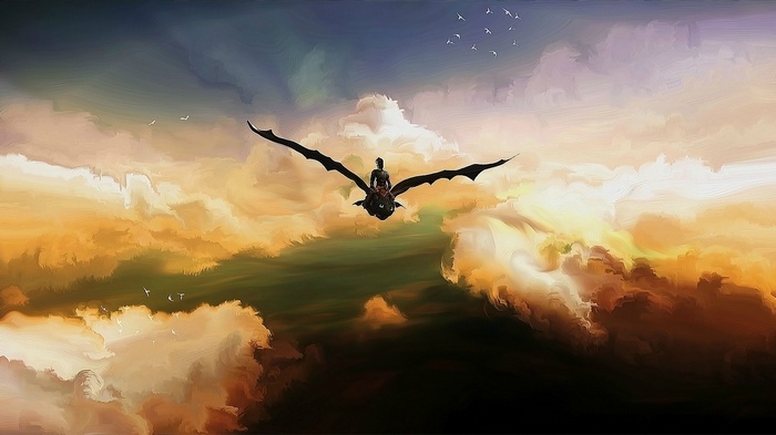 Toothless and Hiccup flying through clouds