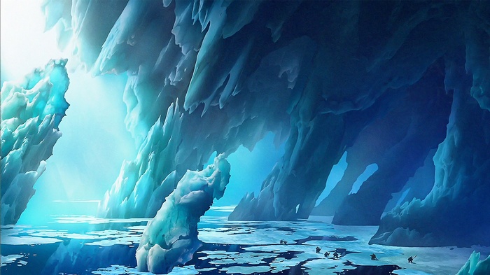 Concept art of an icy cave with figures