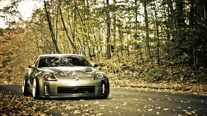 Silver Nissan 350Z parked on a leaf-covered road in a forest