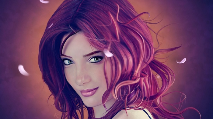 Digital art of Susan Coffey with purple hair and green eyes