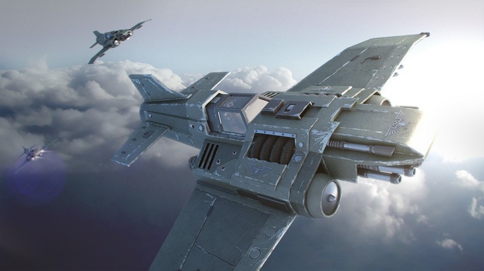 Warhammer 40,000 jet fighters flying through clouds