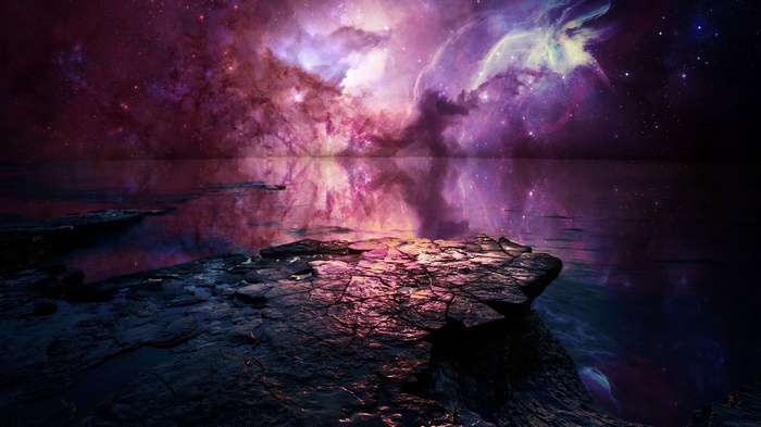 Fantasy nebula reflected in a calm body of water