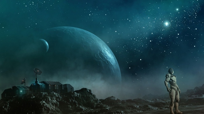 artwork cyborg space planet night sky space station robot space art concept art fantasy art science fiction